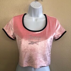 Juicy Couture x Reebok Rhinestones Pink Velvet Baby Tee Black Binding Top Size S